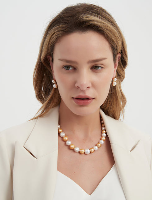 10-11mm Dyed Golden and White Freshwater Pearl Necklace - House Of Pearls